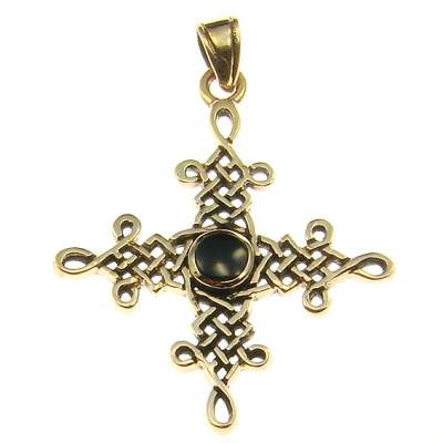Bronze Pendant celtic cross with black stone