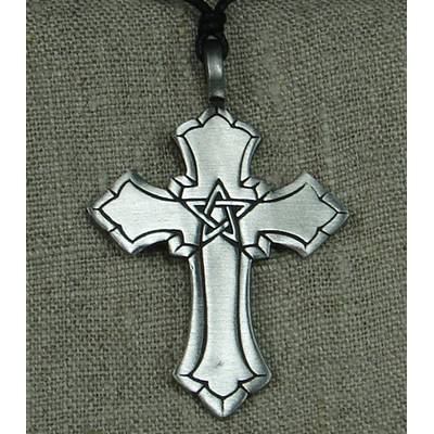 Zinnanhänger Kreuz mit Pentagramm