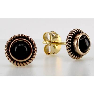 Bronze Ohrstecker 8mm rund mit schwarzem Onyx